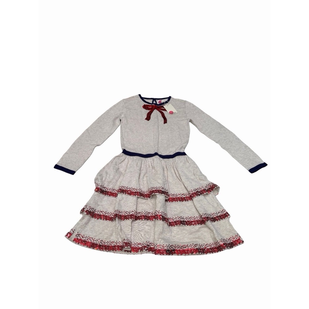 Mini Boden Girl Long Sleeve Tiered  Sequin Cream Color Holiday Dress 8/9 NWT